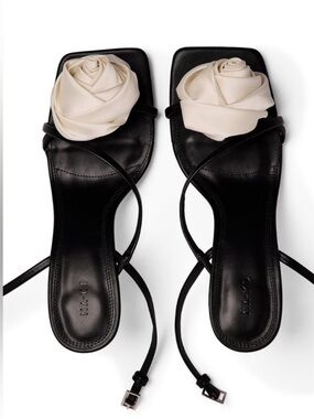 NA-KD Black strappy sandal heels with white satin rose